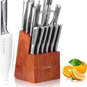 Kitchen Knife Set, 15 Piece Knife Sets with Block Chef Knife Stainless Steel Hollow Handle Cutlery with Manual Sharpener Amazon Platform Banned