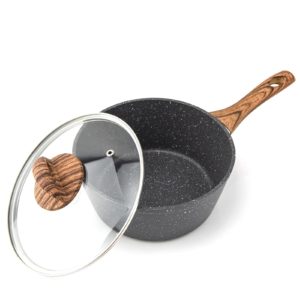 Saucepan with Lid, Non Stick Induction Pans 20cm/ 3L Milk Pan, Forged Aluminum Cooking Pots with Bakelite Wood Effect Handle Cookware Set, Suitable for All Hobs Types Amazon Banned