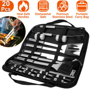 20PCS BBQ Grill Tools Accessories Set Stainless Steel Grilling Barbecue with Bag Grilling Utensil Accessories Camping